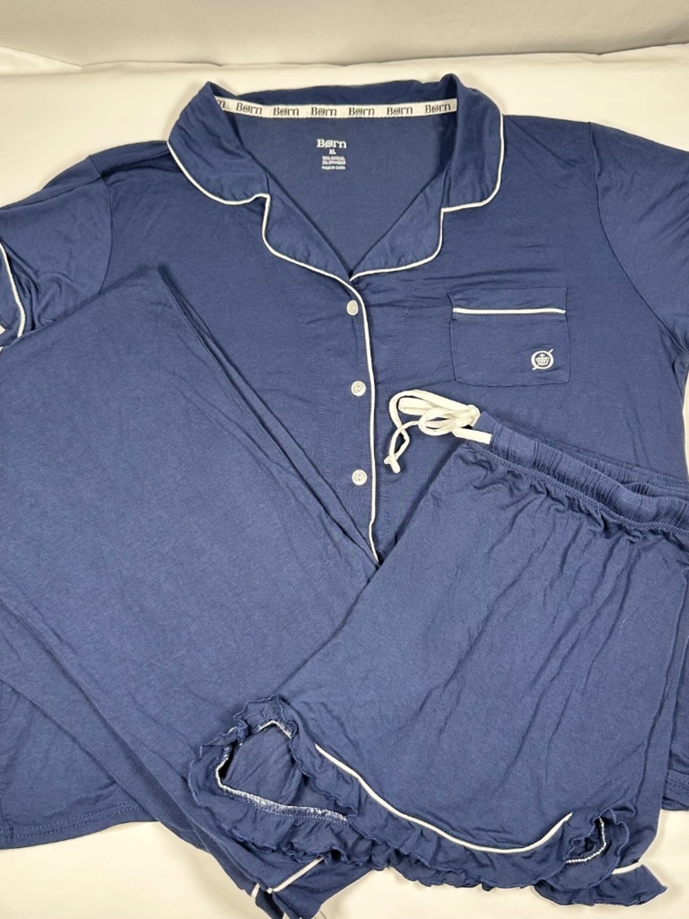 Born Navy Blue Pajamas 3 Piece Set Pants Shorts Top Size XL Button Up Drawstring